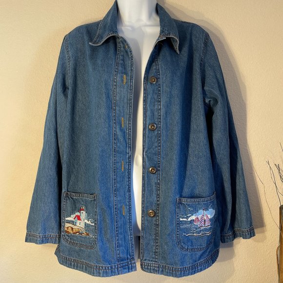 Blair Jackets & Blazers - Blair Denim Jean Chore Coat With Embroidered Lighthouse Pockets Vintage M